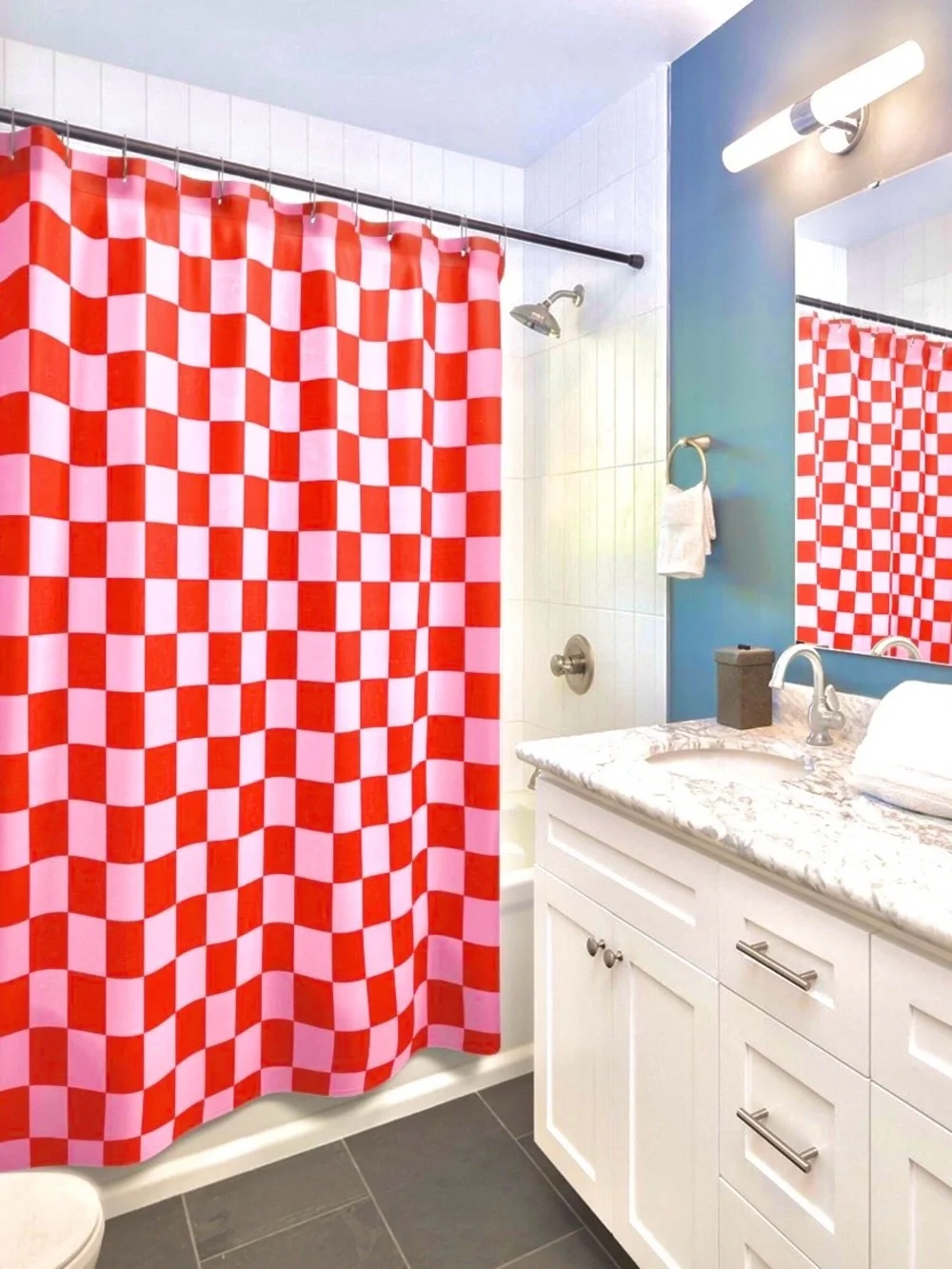 Elle Decor Femme Modern Vintage Pink & Red Checkered Bathroom Shower Curtain